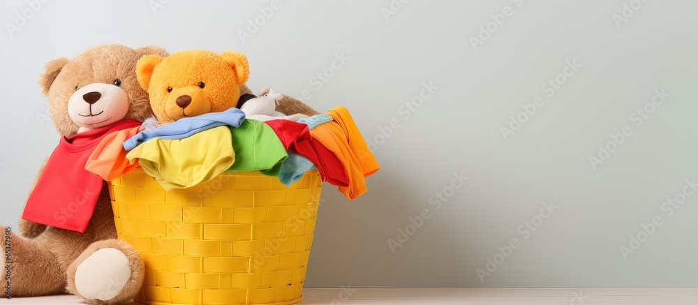 Children s clothes and toy in a laundry basket on a light background