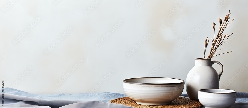 Minimalist modern rustic kitchen concept with handmade ceramic white and blue plate two brown mugs with white and black border on a table with linen tablecloth and gray wall background