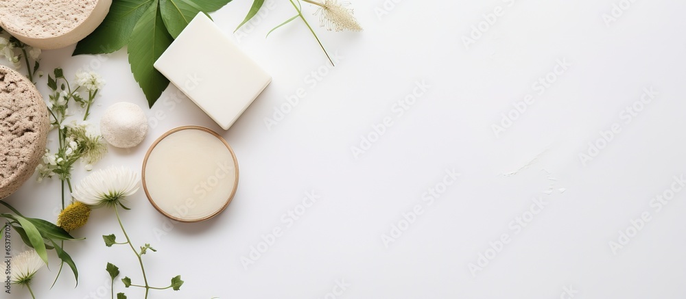 Eco friendly cosmetics and bodycare products with craft packaging top view