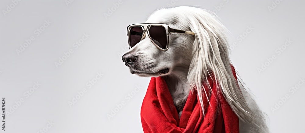 Afghan hound dog isolated on white background in studio wearing accessories