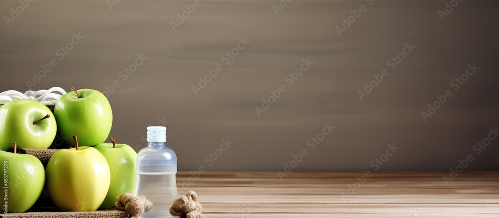 Fitness items on wooden table include water apple dumbbells and sport shoes