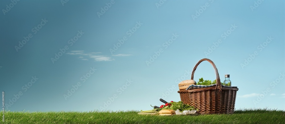 Picnic basket on the fresh lawn