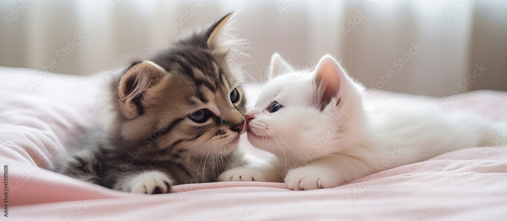 Grey and white kitty grooming on blanket in bedroom