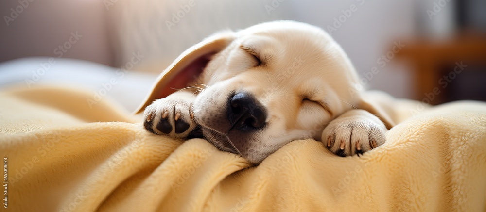 Labrador retriever puppy paw nail grooming at pet salon Yellow lab sleeping on bed with blanket before vet surgery or groom