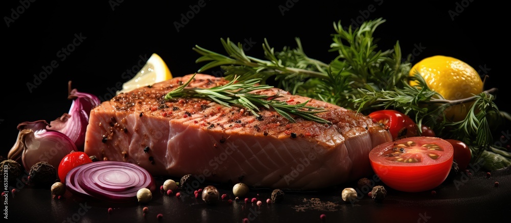 Assorted fresh seafood and herbs on rustic black background