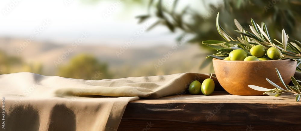 Rustic display of wooden table and organic cloth with olive tree in tropical summer scene