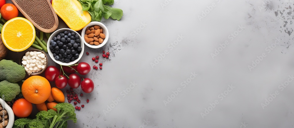 Assortment of wholesome foods fruits veggies seeds superfoods cereals on a gray backdrop