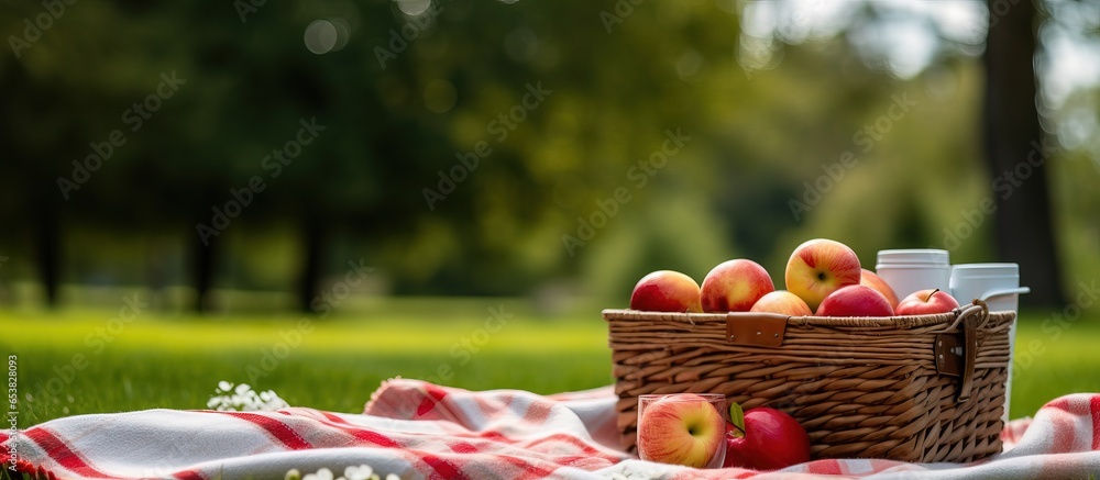 Picnic in the summer park with a fruit filled basket and a cozy blanket