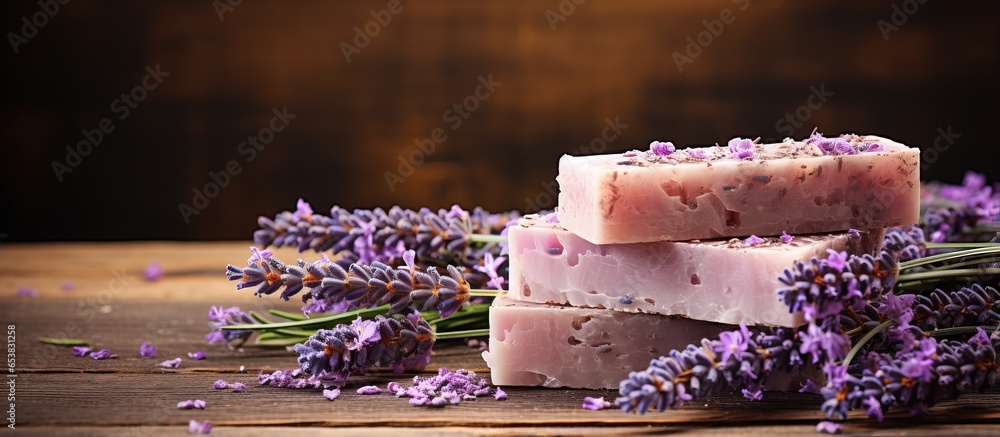 Lavender soap on rustic wood backdrop