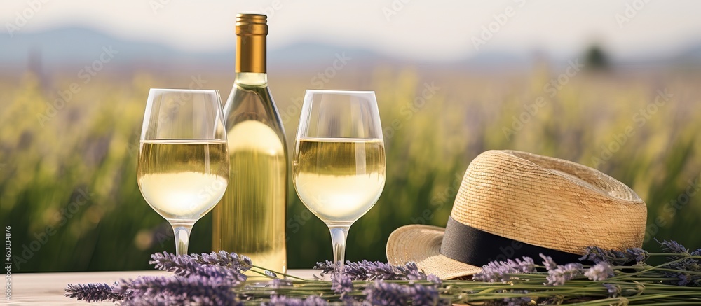 Picnic in Provence France glasses of wine lavender field straw hat flowers croissants berries on a white blanket