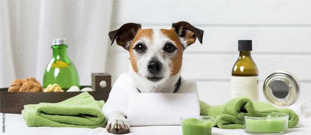 Jack Russell dog relaxing with facial treatment and hair rollers at spa