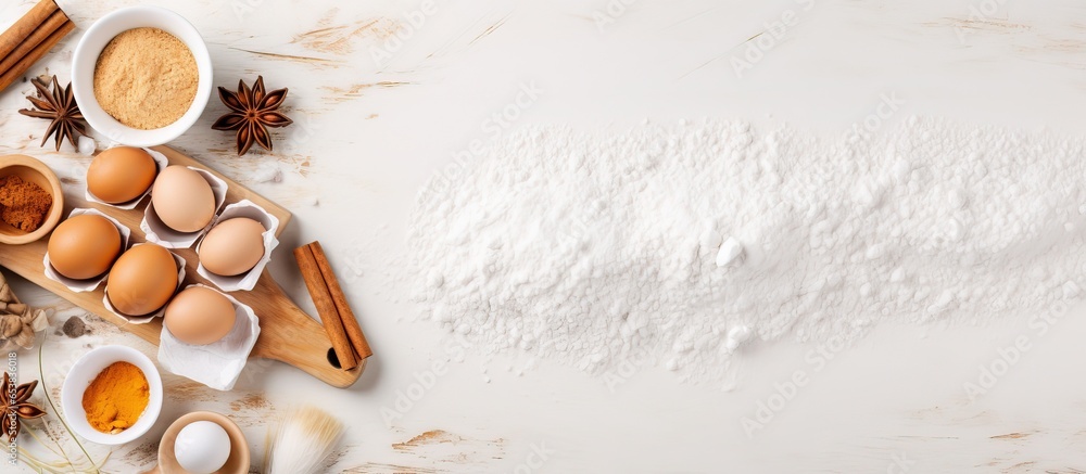 Flat lay baking background with flour eggs sugar spices and whisk on a white tabletop