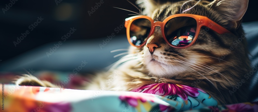 Indoor domestic cat lounging on fur carpet wearing sunglasses and a tropical flower shirt in summer with a relaxed vibe