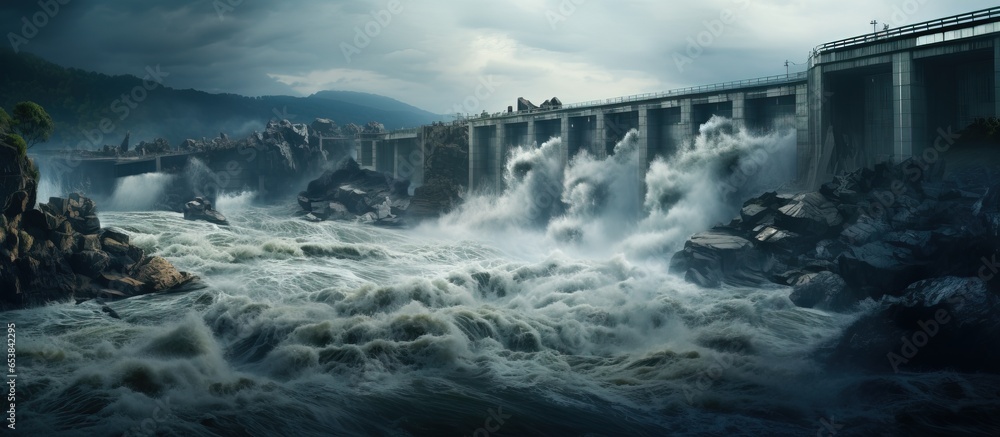 Hydroelectric powerplant generated by waterfall and dam after storm