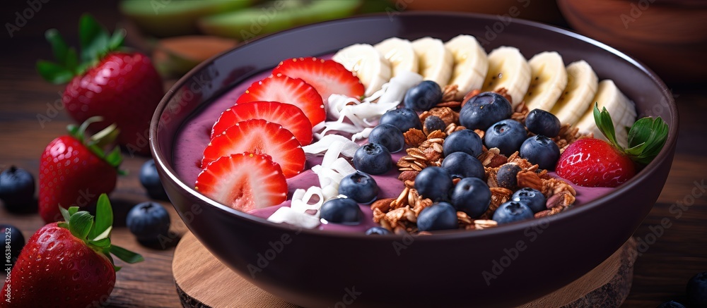 Healthy lifestyle concept with superfood acai smoothie bowl topped with granola banana strawberry and blueberries