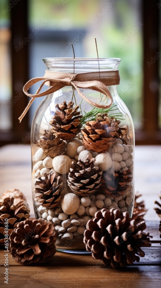 Rustic centerpiece made of twigs and pine cones