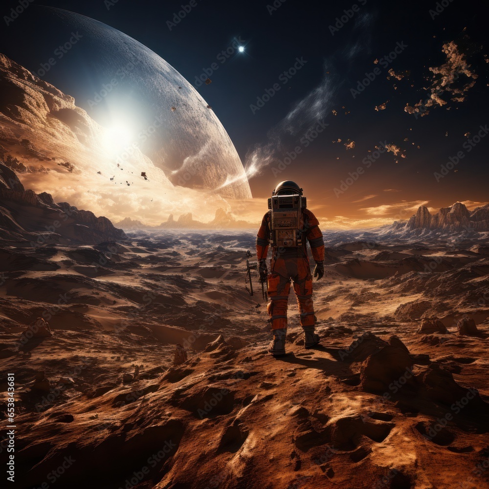 Astronaut exploring surface of a distant planet