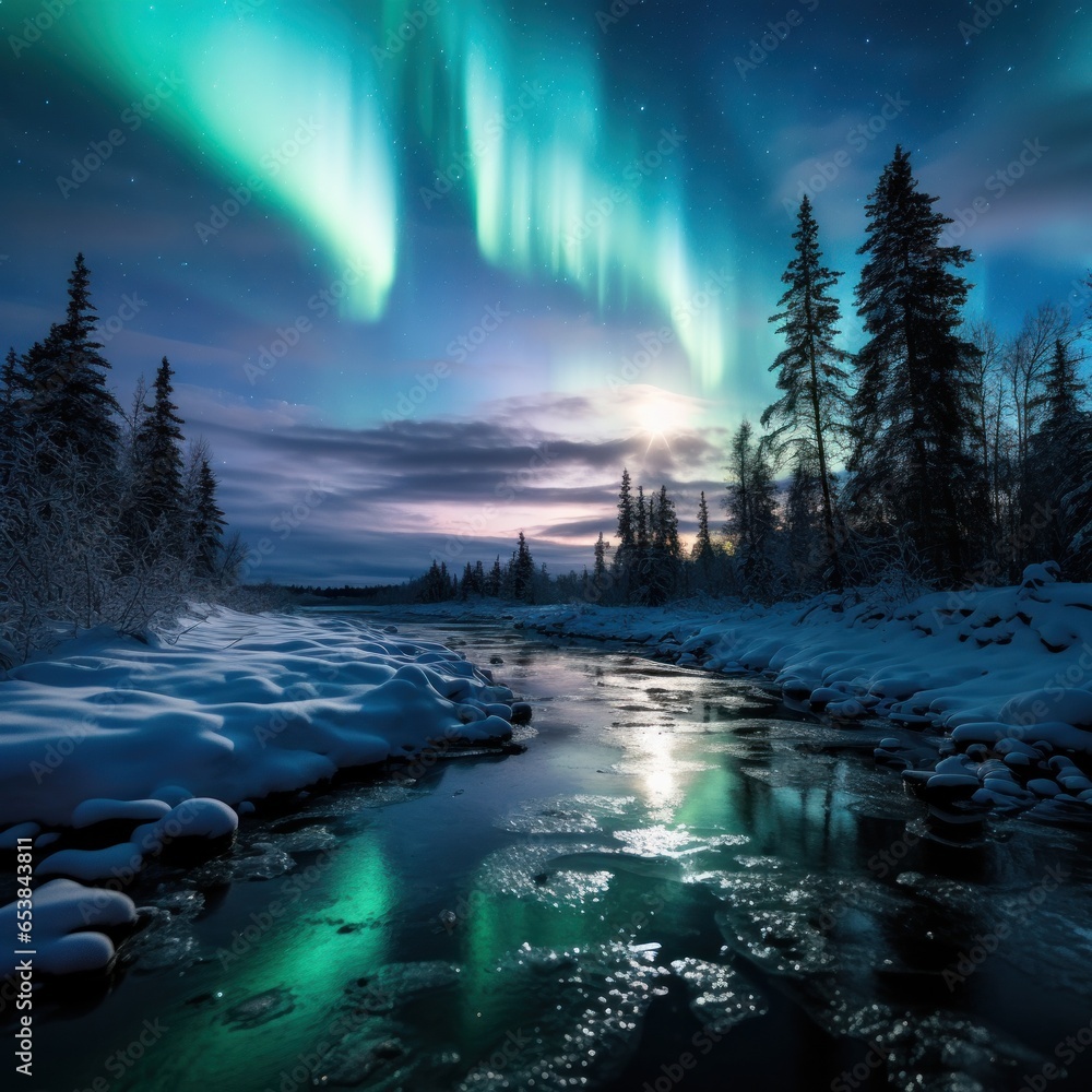 Aurora borealis over snow-covered landscape