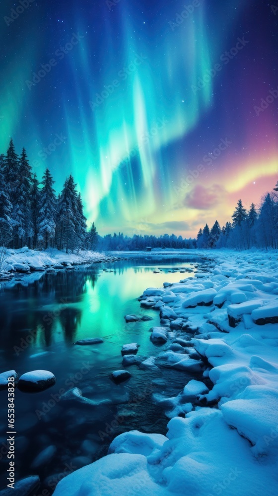 Aurora borealis over snow-covered landscape