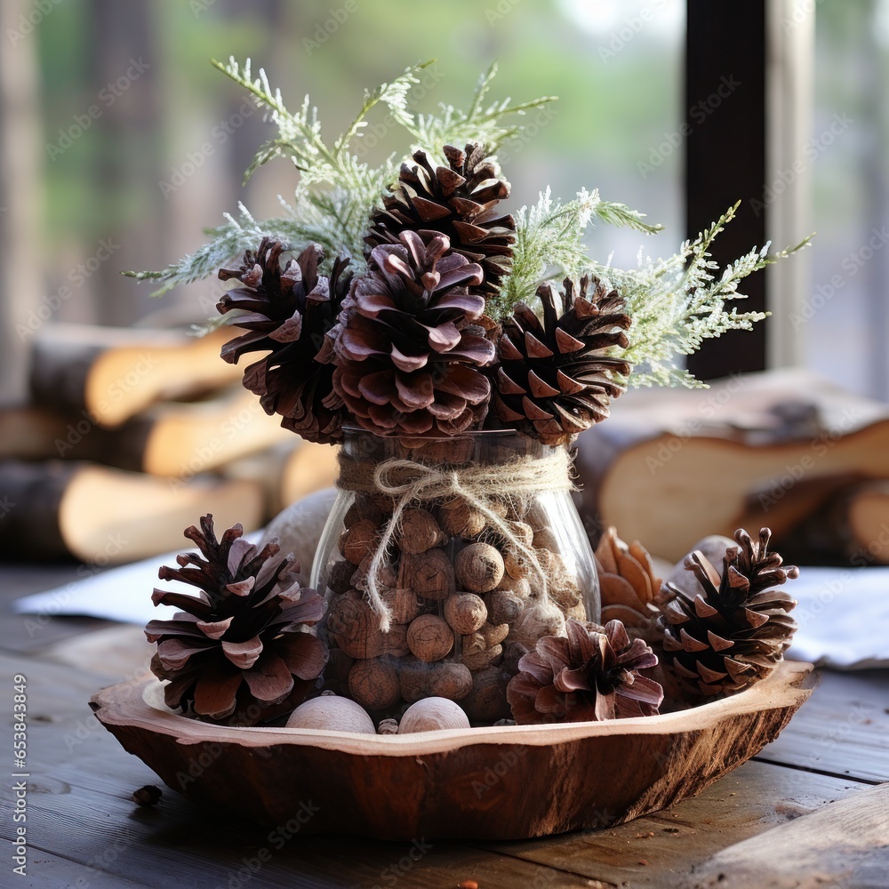 Rustic centerpiece made of twigs and pine cones