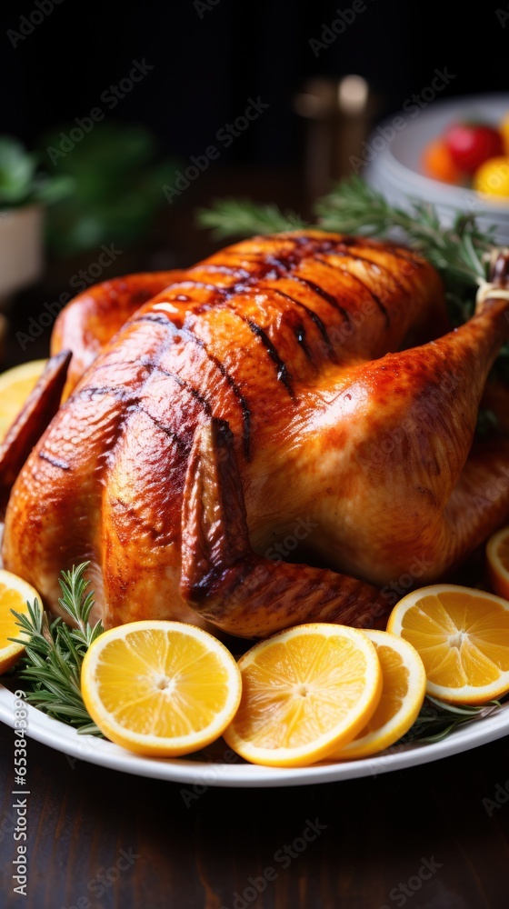 Close-up of golden-brown roasted turkey