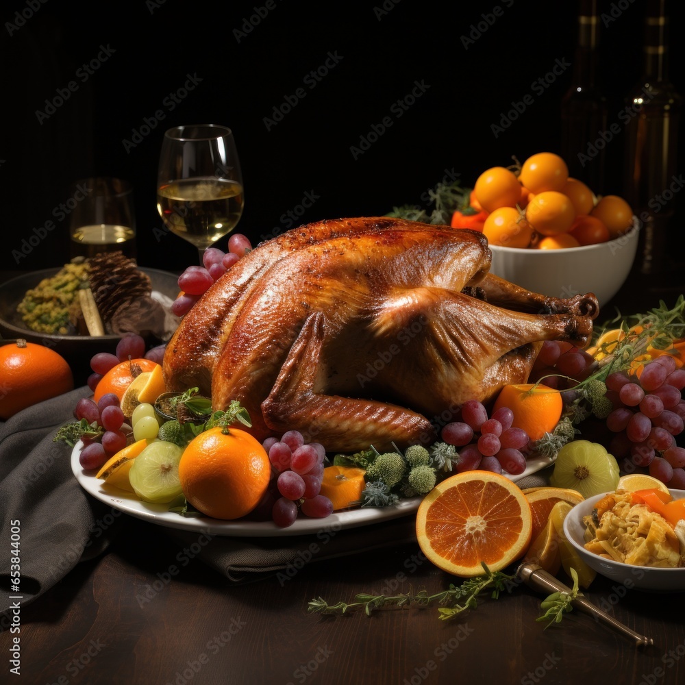 Festive table with turkey pumpkins and cornucopia