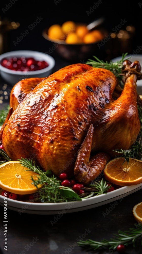 Close-up of golden-brown roasted turkey