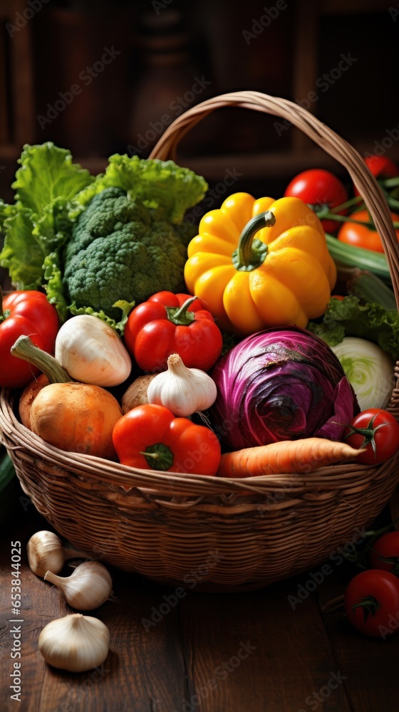 Colorful fall vegetables arranged in rustic basket