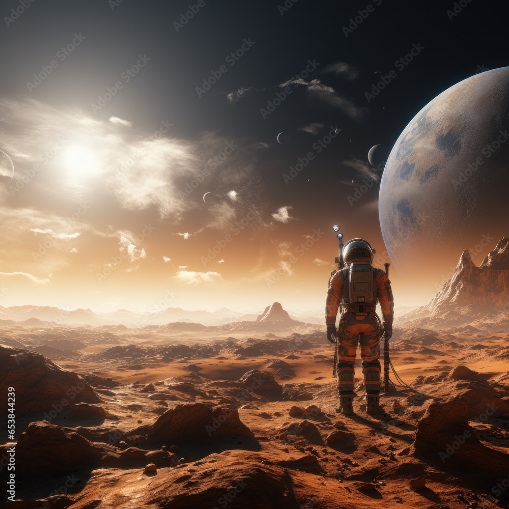 Astronaut exploring surface of a distant planet