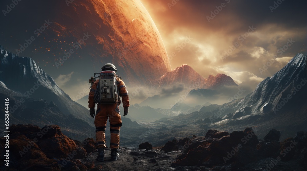 Astronaut exploring surface of a distant planet