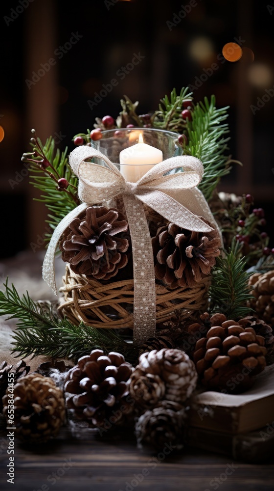 Rustic centerpiece made of twigs and pine cones