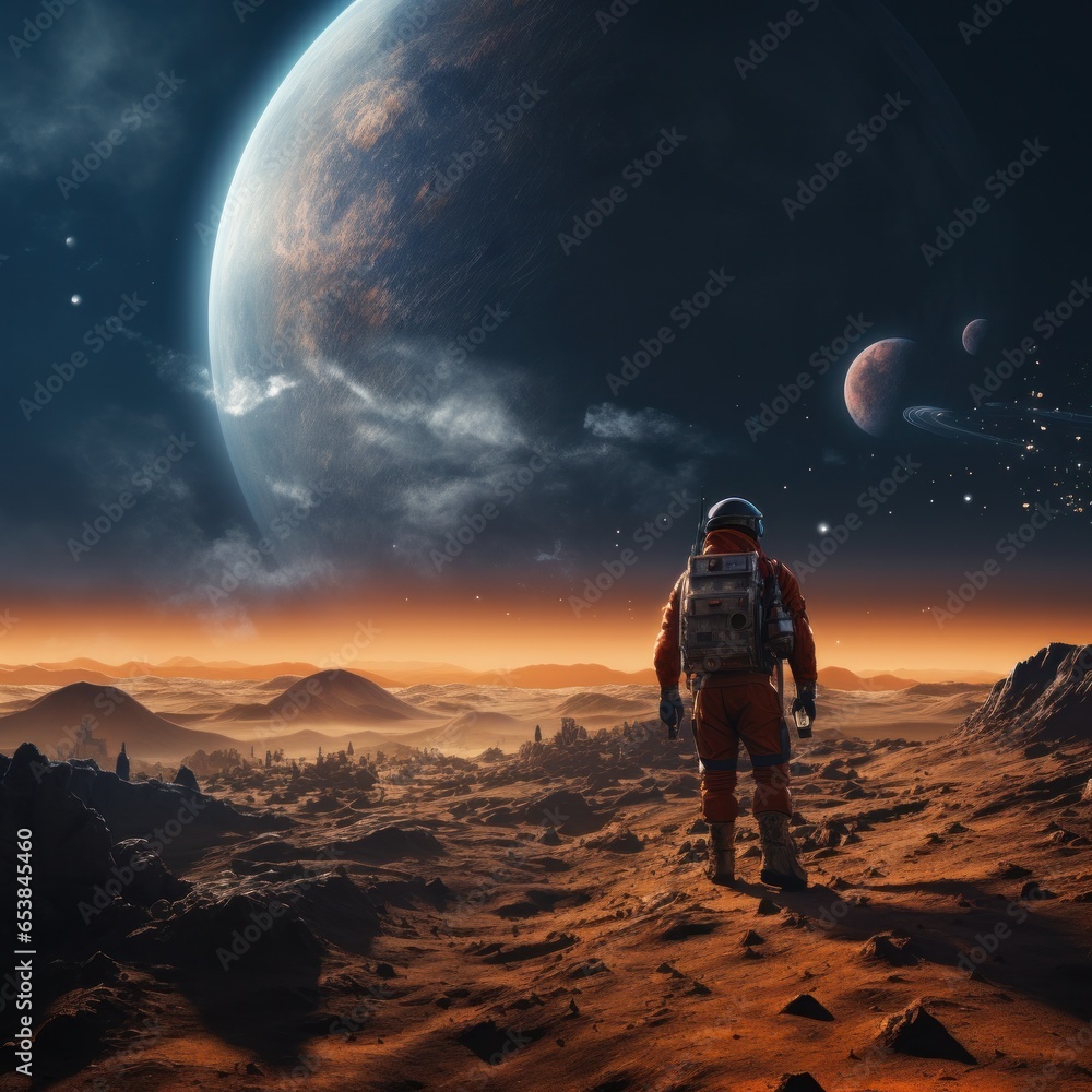 Astronaut exploring surface of a distant planet