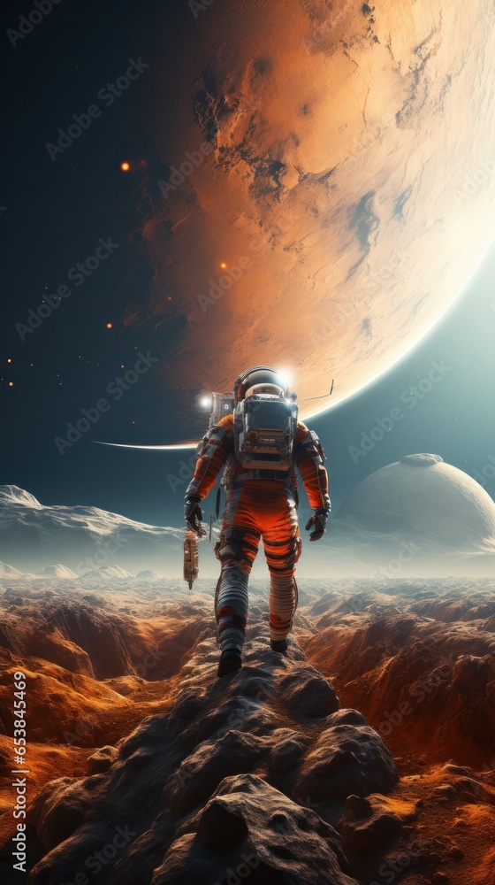 Astronaut exploring surface of a distant planet