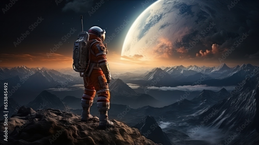 Astronaut exploring surface of a distant planet