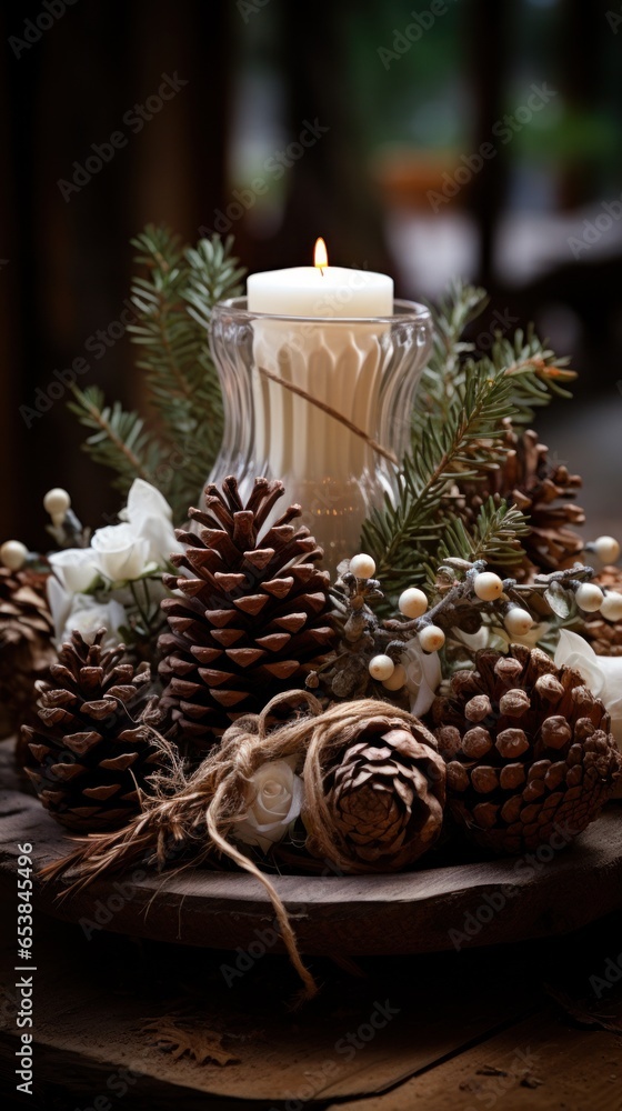 Rustic centerpiece made of twigs and pine cones