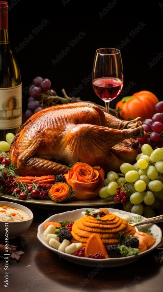 Festive table with turkey pumpkins and cornucopia