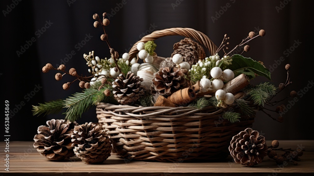 Rustic centerpiece made of twigs and pine cones