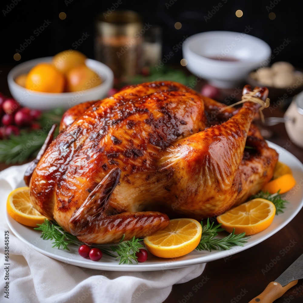 Close-up of golden-brown roasted turkey