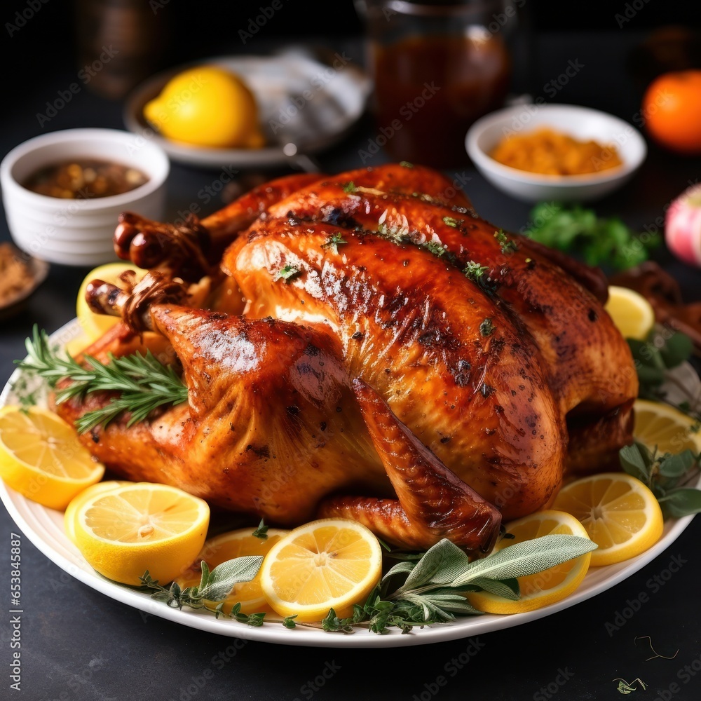 Close-up of golden-brown roasted turkey