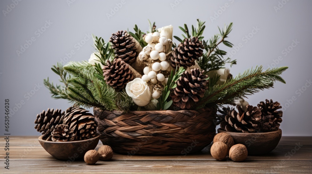 Rustic centerpiece made of twigs and pine cones