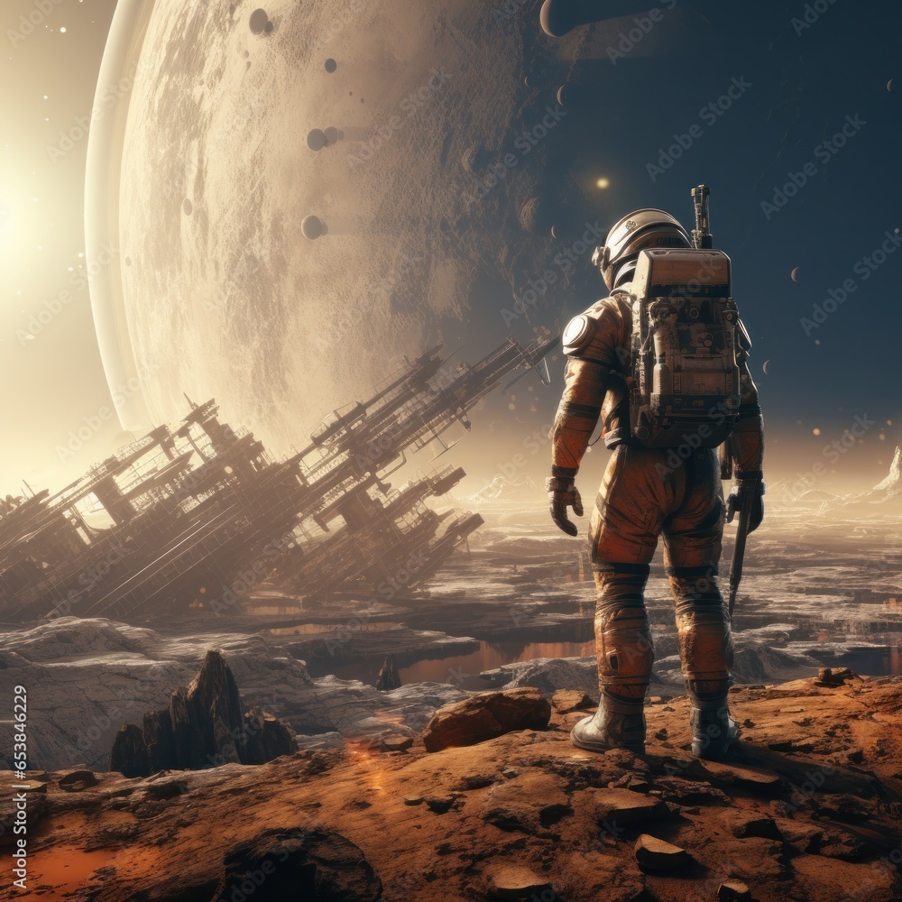 Astronaut exploring surface of a distant planet