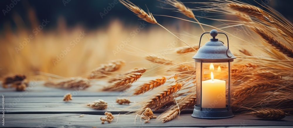 Summer harvest symbol handmade lantern and wheat on garden table natural background Represents Lammas LughAIdh pagan holiday wiccan sabbat witchcraft ritual