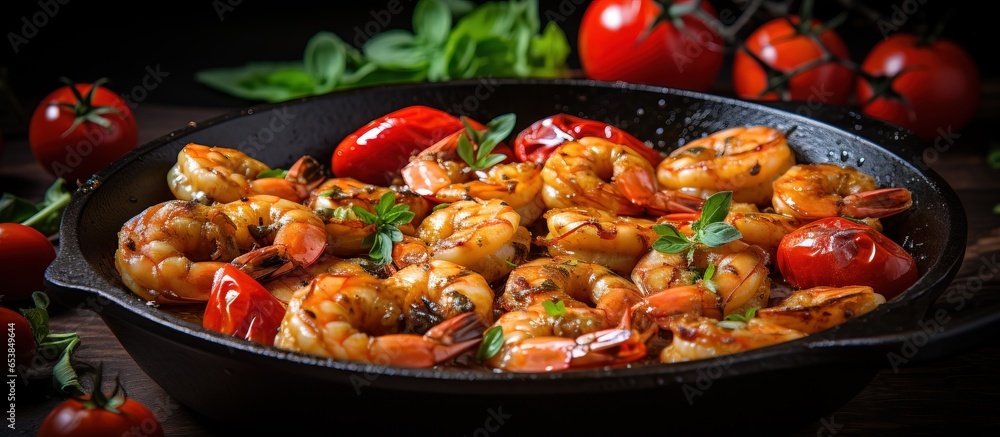 Cooking shrimp and cherry tomatoes on a cast iron skillet in a restaurant