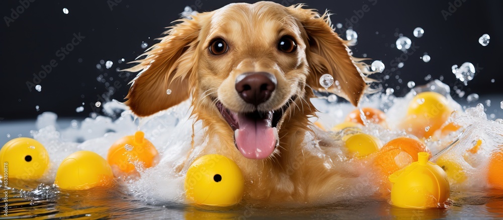 Cute dog in bath with bubbles foam yellow duck Pet grooming