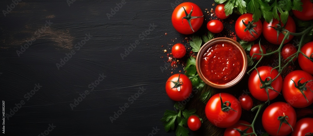 Homemade tomato sauce with ingredients arranged flat with space for text