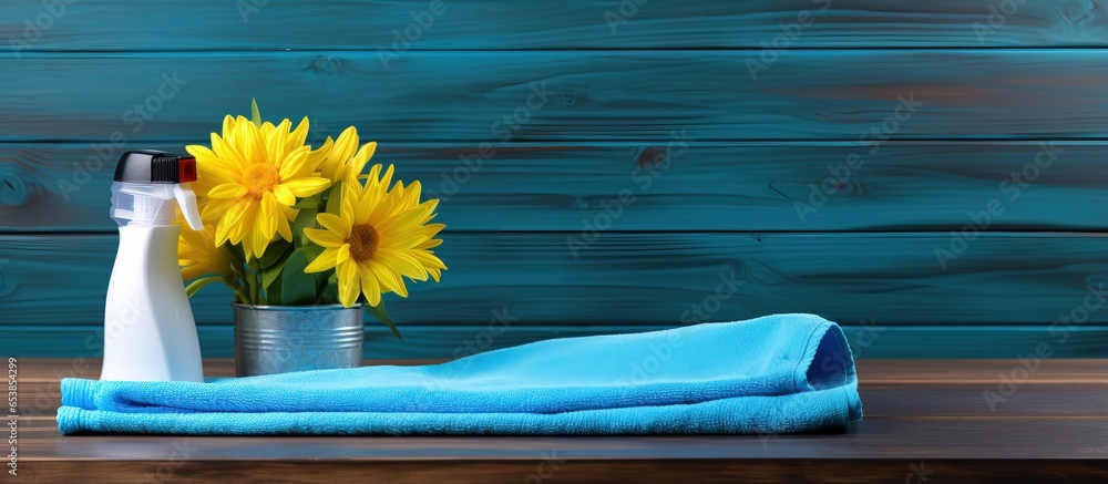 Cleaning supplies like blue towels and yellow gloves were provided on a wooden table to prevent dermatitis among the cleaning staff