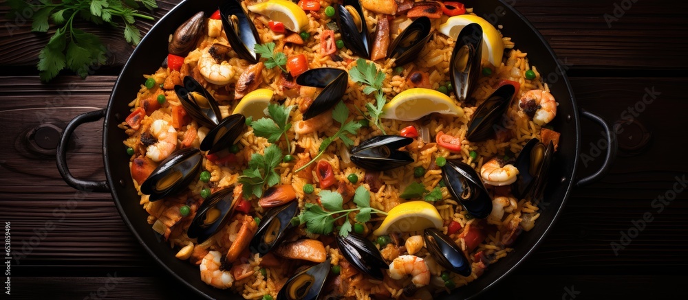 Seafood paella on old wooden table top view