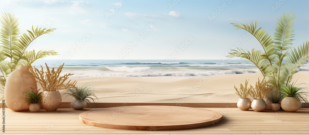 Product display podium on summer beach AIrendered