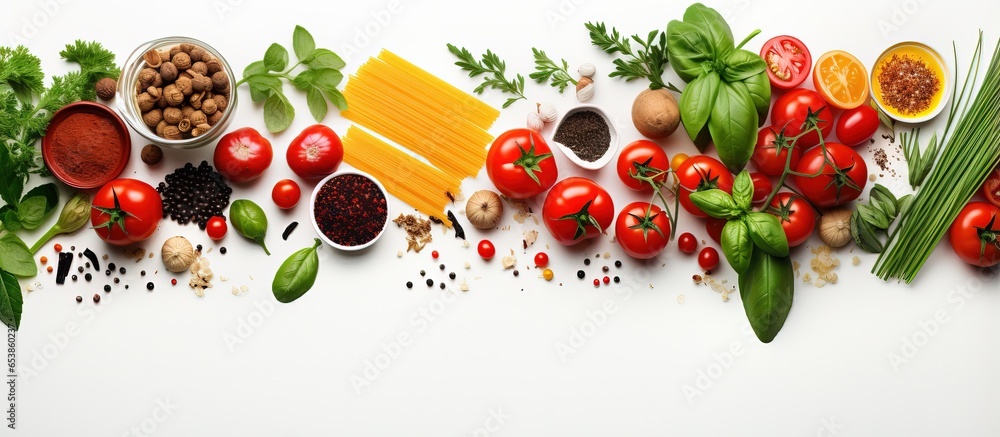 Spaghetti and ingredients for pasta cooking on a white background seen from above