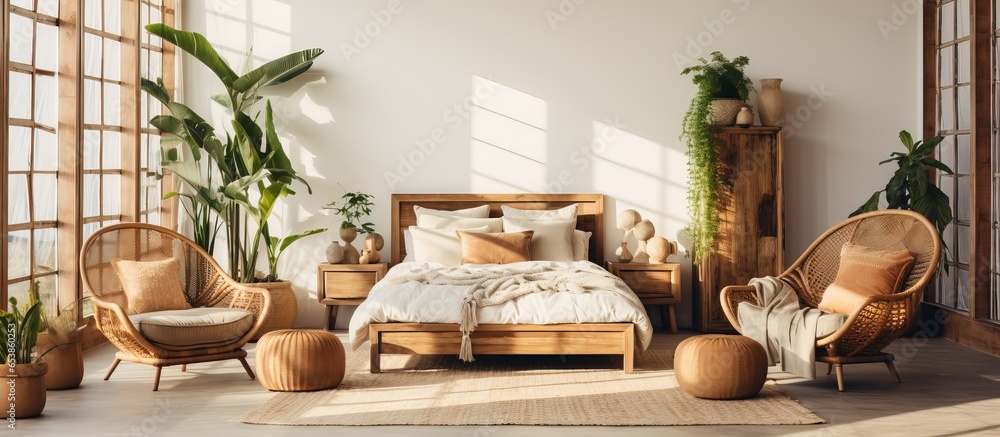 Cozy bedroom with ethnic decorations wooden furniture plants curtains and open space